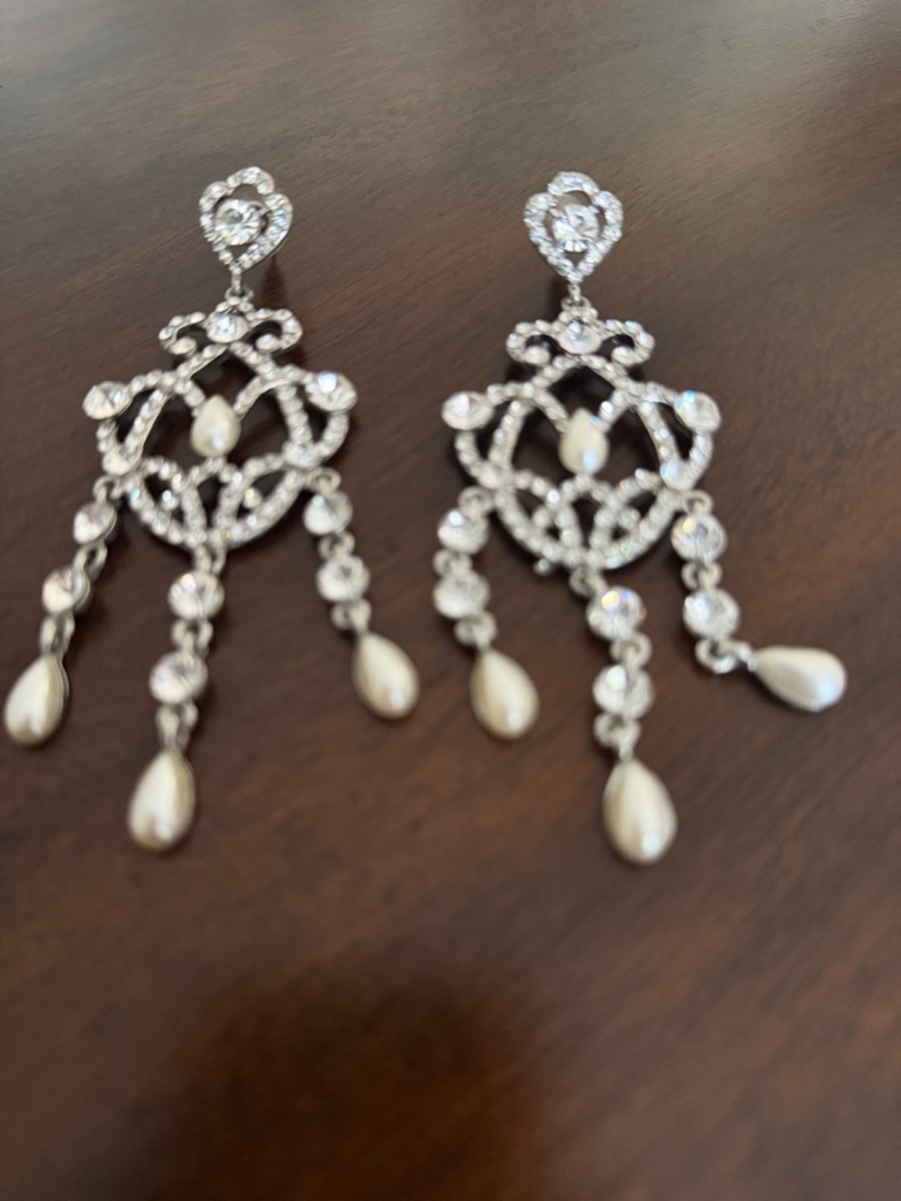 Pearl Teardrop Crystal Chandelier Earrings - White Silver